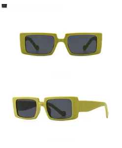 Front and 45-degree side view of lime green rectangle sunglasses with dark lenses