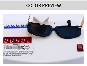 UV400 protection test showing black rectangular sunglasses with gold hollow temples