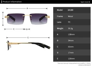 Detailed size chart for rimless gradient sunglasses with metal frame and lens dimensions