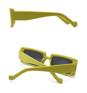Side and back view of retro yellow square sunglasses with thick frames and black lenses