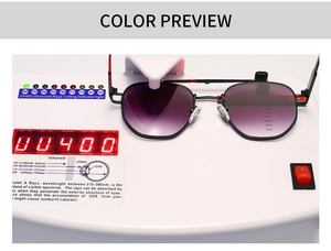 Detailed UV400 test showing black metal sunglasses blocking UVA and UVB rays effectively
