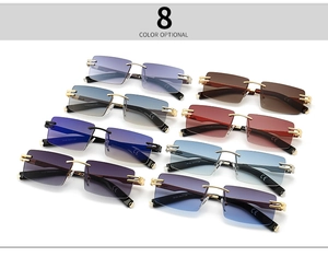 Detail showing eight color options and metallic temples of square rimless sunglasses