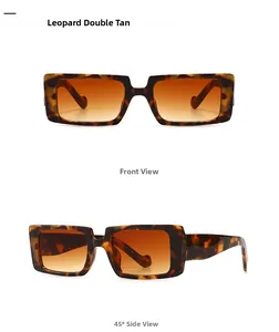 Detailed front and side views of retro rectangle leopard print sunglasses with tan gradient lenses