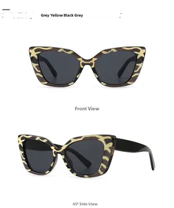 Detailed views of leopard cat-eye sunglasses featuring grey-yellow tortoiseshell patterns