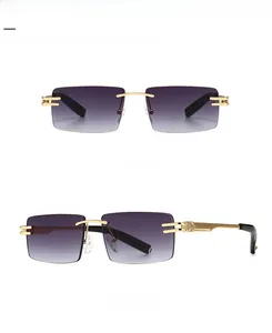 Detailed front and side views of golden rectangle sunglasses with grey gradient lenses