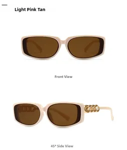 Detail view of pink rectangular sunglasses with chunky gold chain temples on white background