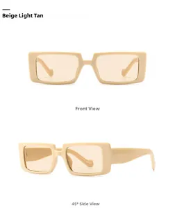Front and 45-degree side view of modern beige rectangular sunglasses with light brown lenses