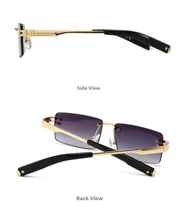 Detail view of gold metal temples and purple gradient lenses on rimless sunglasses