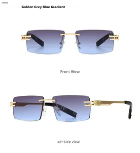 Detail view of rimless golden metal hinges and blue gradient lenses on sunglasses