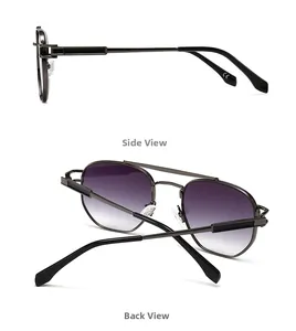 Detail view of gunmetal sunglasses with purple gradient lenses and CE mark