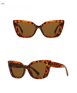 Detail of leopard print cat eye sunglasses with tan lenses from front and side angles