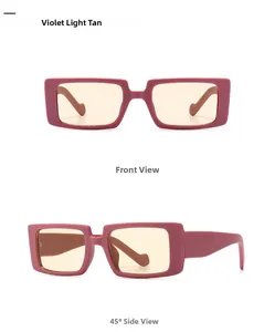 Front and 45-degree side views of violet rectangle sunglasses with light tan lenses