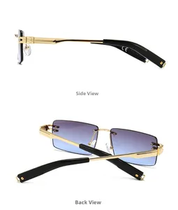 Detail view showing golden metal temples and blue-purple gradient lenses of the sunglasses