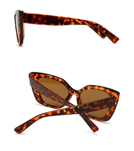 Detail view of cat eye sunglasses with tortoise pattern showing side and back profiles