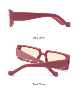 Side and back view of retro rectangle sunglasses with dusky pink frames and yellow lenses