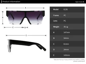 Detailed size specifications for flat top vintage sunglasses with measurements chart