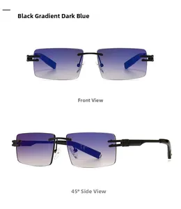 Detail view of rimless rectangular sunglasses with blue-purple gradient lenses and CE mark