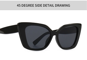 Detailed 45-degree side view of black cat-eye sunglasses with dark UV lenses