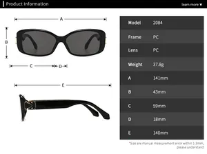 Size chart and technical specifications for modern retro square frame sunglasses 2084