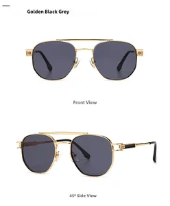 Detailed view of golden double-bridge metal sunglasses with black-grey lenses from two angles