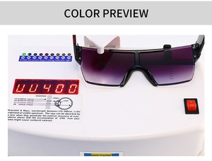 Detail of trendy flat top sunglasses showing UV400 protection test with purple lenses
