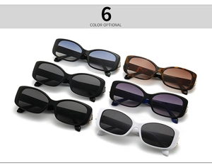 Showcase of six modern retro rectangular sunglasses in various trendy frame colors