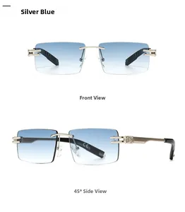 Dual view of rimless rectangle sunglasses with silver temples and blue gradient lenses