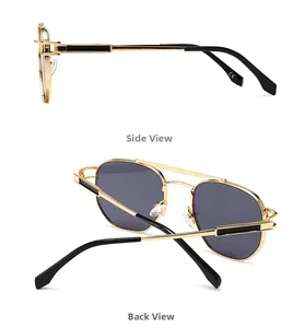 Detailed side and back views of gold aviator sunglasses with CE marking and black temples