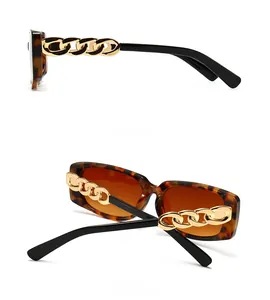 Side and back view of retro square sunglasses featuring tortoiseshell frames and gold chains