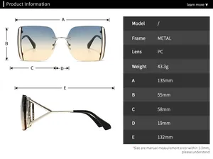 Tableau des tailles détaillé pour lunettes de soleil carrées rétro avec monture métallique