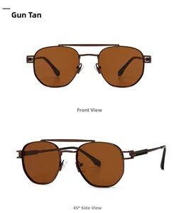 Business style gunmetal square aviator sunglasses with brown lenses front and side view