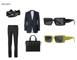 Flat lay of men business attire with navy pinstripe blazer, shoes, and vintage sunglasses
