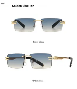 Detailed front and side view of rimless sunglasses with gold temples and gradient lenses
