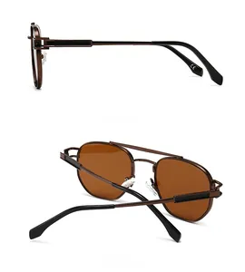 Brown pilot sunglasses with bronze metal frames and side view showing the CE mark detail