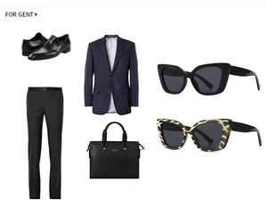 Flat lay of men's business accessories including brogue shoes, blazer, and cat-eye sunglasses