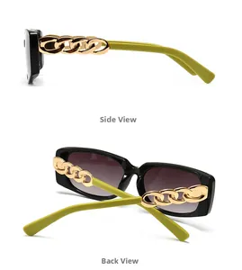 Detail of sunglasses featuring gold chain hinge and lime green anti-slip tips