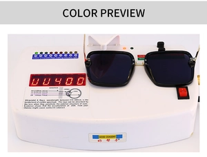 UV400 protection test for modern black rectangular sunglasses with gold metal accents