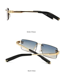 Side and back view of rimless rectangular sunglasses with gold metal temples and blue lenses