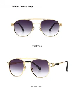 Detail view of gold aviator sunglasses with gradient grey lenses and hexagonal frame