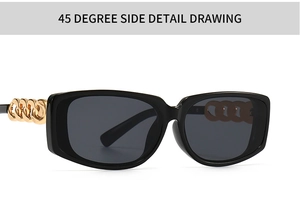 Detailed 45-degree side view of black square sunglasses with gold metal chain temples