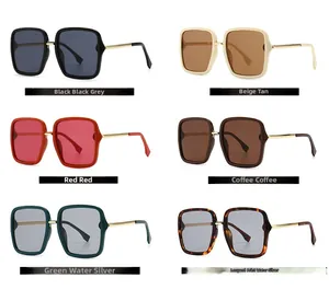 Detail of diverse modern square sunglasses showing metal temples and six color variations