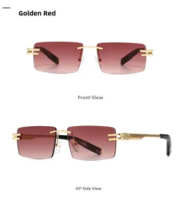 Close-up of golden rectangular sunglasses with red-brown gradient lenses in dual view