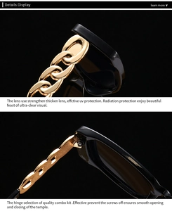 Detail showing the heavy gold metal chain temple and reinforced hinge of black sunglasses