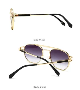 Detail view of gold aviator sunglasses with purple gradient lenses and CE mark