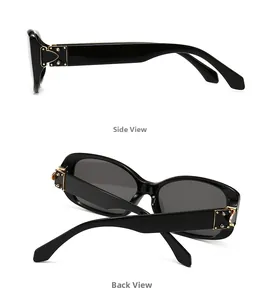 Detail of wide black sunglass arms featuring luxury gold rivet metal hinge accents