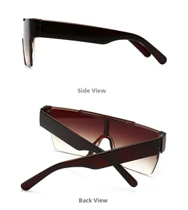Flat top oversized rimless sunglasses featuring side and back views in dark brown gradient