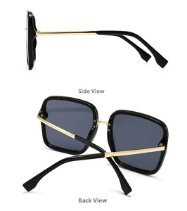 Side and back view of narrow square sunglasses with gold metal temples and black frame