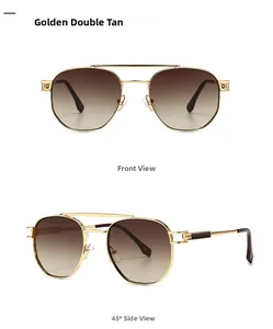 Detailed front and 45-degree views of golden metal sunglasses with double tea gradient lenses