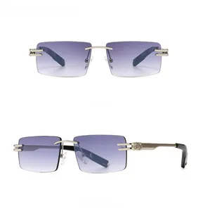 Close-up of silver-tone rectangle sunglasses with gradient purple to grey lenses
