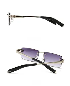 Side and back view of rimless sunglasses with purple gradient lenses and silver hinges